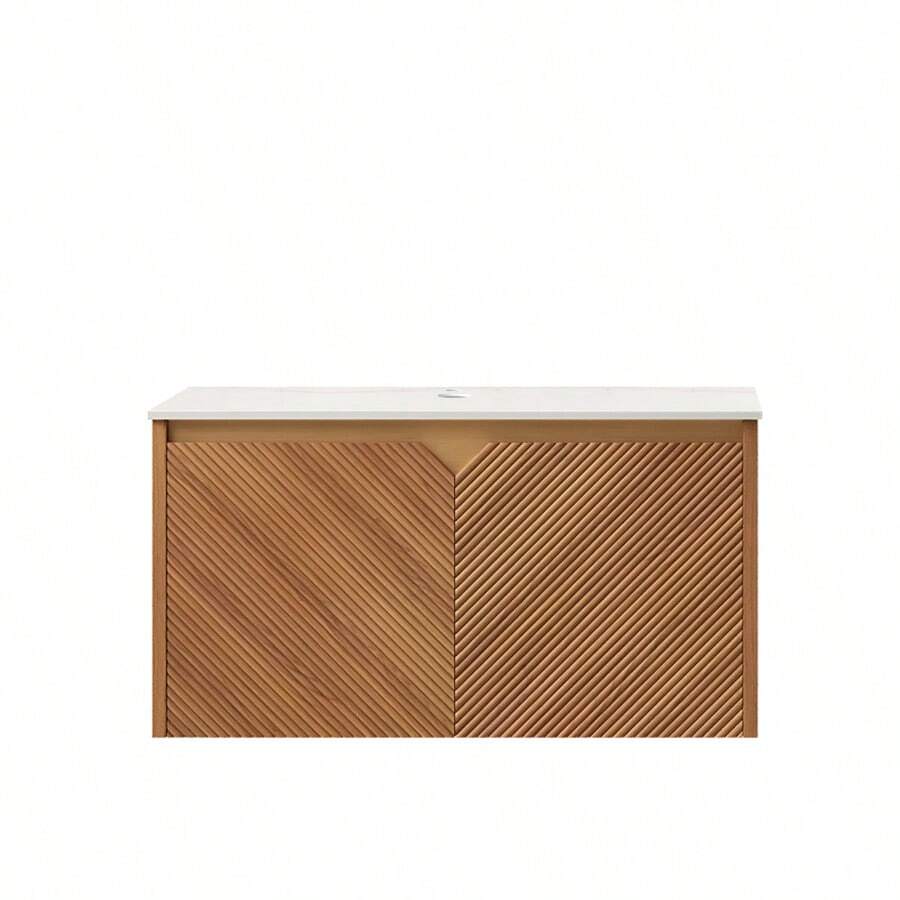 RUBEN 30" Wall-Mounted Brown Oak Plywood Cabinet And Carrara White Sintered Stone Countertop NO Basin NO Faucet And Sink Cover - Gỗ sồi nâu + Đá trắng Carrara + Ván ép + Đá nung kết - Xem 1