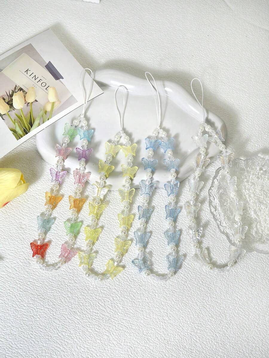 防震蝴蝶 1 件装 炫彩蝴蝶手机挂绳 透明珍珠手机壳挂绳 春季礼物 生日礼物