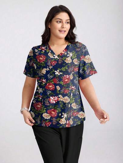 cimmuovere 大码女式V领宽松短袖印花亚麻质感双口袋护士服，适合牙医、宠物医院、实验室等场所穿着，也可作为工作服或度假服。