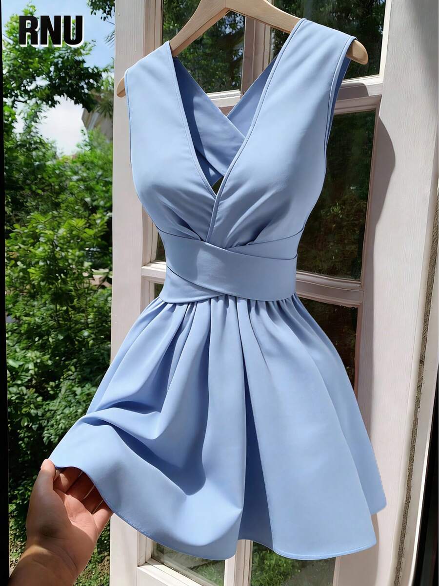 Đầm nữ cỡ lớn RNU thanh lịch, ôm sát, chất liệu vải dệt màu vàng tươi sáng, thiết kế buộc dây, cổ chữ V, hở lưng, thắt nơ, thích hợp cho kỳ nghỉ hè, trang phục mùa xuân, đi biển, hẹn hò, mặc hàng ngày, dự tiệc, dịp lãng mạn, món đồ thời trang, hàng mới về mùa xuân/hè. - Màu xanh nhạt - Xem 1