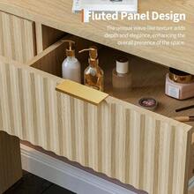 Escritorio de vanidad acanalado con espejo LED iluminado 3 colores 2 cajones toma de corriente puertos USB secador de pelo vestidor madera ligera moderna dormitorio niñas mujeres roble natural alta capacidad multifunción enchufe de pared diseño elegante - Roble natural - Ver 7