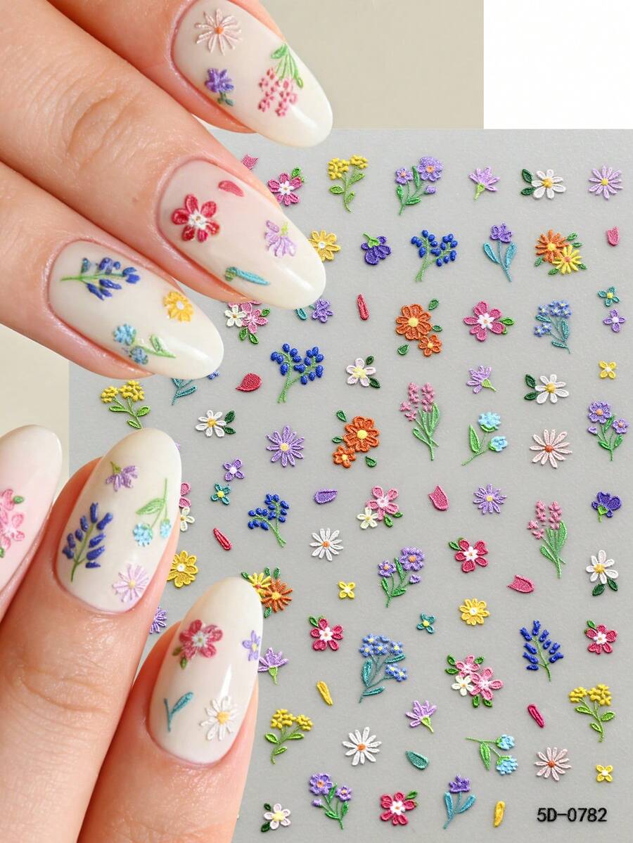 1pc 5D Cute Colorful Daisy Nail Art Stickers Embossed Fresh Spring Floral Wildflower Blooming Petals Elegant Nail Decals Self-Adhesive Manicure For Women & Girls Nail Art Supplies