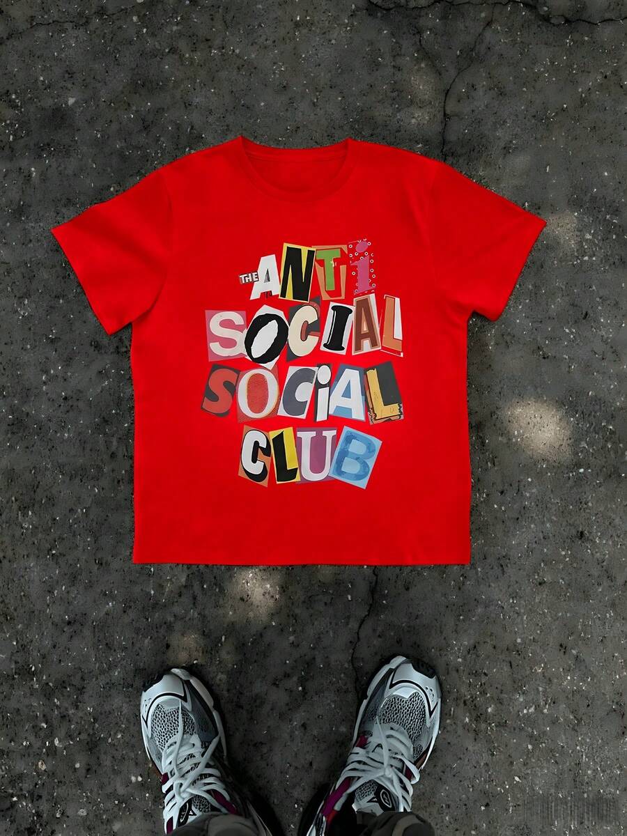 1Pcs Anti Social Club Print Men's T Shirt Streetwear 100% Cotton TShirt Men's Summer Graphic Tee Gift For Men, Casual Style Letter Tee For Hip Hop Fashion - Red - View 1