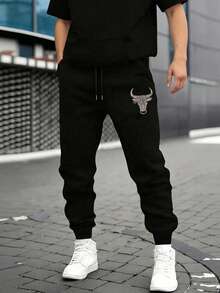 男士休闲慢跑裤，锥形裤腿，秋冬时尚运动裤 - 黑色 - 查看 1