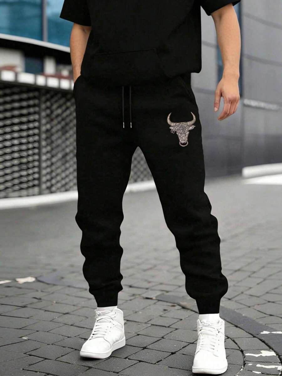 男士休闲慢跑裤，锥形裤腿，秋冬时尚运动裤 - 黑色 - 查看 1