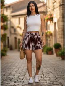 LINEN STRIPED SHORTS - Acajou - Voir 4