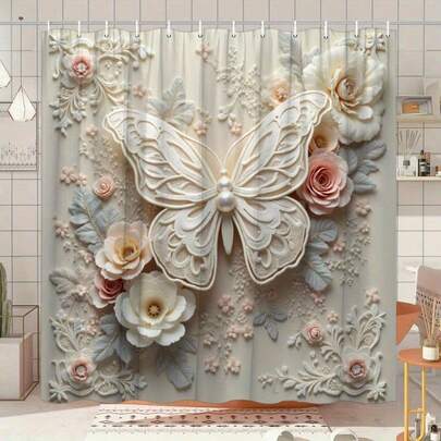 【轻柔呵护】优雅蕾丝蝴蝶花卉浴帘，70x70英寸涤纶面料，精致粉彩花卉图案，含12个挂钩，方便安装 - 时尚浴室装饰的完美之选，别致的浴室配件 | 梦幻设计 | 编织纹理