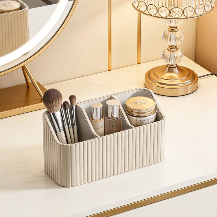 Luxury PU Leather Storage Box | Cream White + Gold Plated | Vanity Organizer With 3 Compartments For Makeup Brushes | Desktop Skincare And Cosmetics Organization Essential - View 6