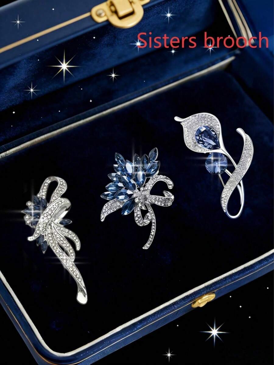Three Pieces Elegant Crystal Rhinestone Brooch Set, Presented In A High-End Gift Box Style, Is The Perfect Gift For Sisters! - Blue - View 1