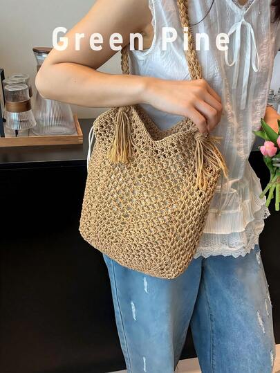 新款休闲手提包，手工草编大容量沙滩包，镂空设计