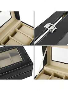 PU Leather Watch Box With Glass Window, 6/12 Compartment Organizer With Lock For Collections - Black - View 4