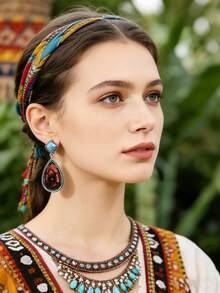 Pendientes de botón con flor de resina rojo-marrón estilo bohemio, pendientes de gota de turquesa verde en capas - Multicolor - Ver 4