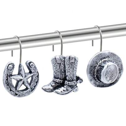 Shower Curtain Hooks Rustic Farmhouse Shower Curtain Rings For Western Cowboy Bathroom Decor Stainless Steel 12 PCS Silver