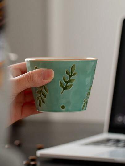 1 Juego de taza de té, taza de café, juego de tazas de té, taza de postre/pudín con diseño de hojas verdes, taza con agarre, taza de té personal creativa, taza anti-derrames, pintada a mano en cerámica