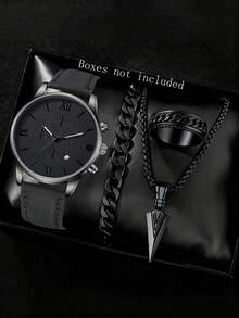 4 Stück/Set Herren PU Leder Quarz Uhr, Armband, Halskette, Ring Schmuckset, Geschäftsstil mit römischen Ziffern Kalender Zifferblatt, geeignet für täglichen Gebrauch, Partydekoration oder Geschenk für Freunde und Väter - Schwarz - Übersicht 1