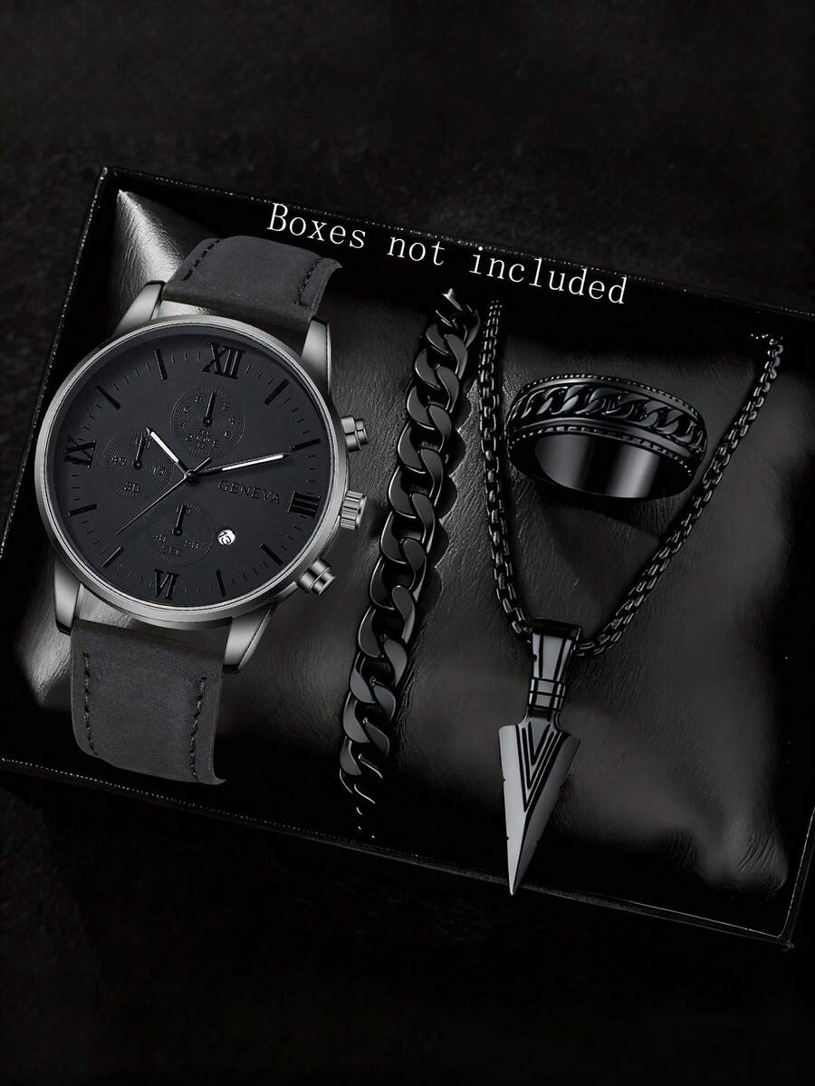 4 Stück/Set Herren PU Leder Quarz Uhr, Armband, Halskette, Ring Schmuckset, Geschäftsstil mit römischen Ziffern Kalender Zifferblatt, geeignet für täglichen Gebrauch, Partydekoration oder Geschenk für Freunde und Väter - Schwarz - Übersicht 1