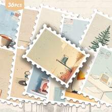 36pcs Vintage Art Daily Illustration Sticker Pack | Fashionable Retro Coffee, Violin And Plant Pattern Vinyl Stickers | Suitable For Phone, Luggage And Decoration | Perfect For Enthusiasts And Art Lovers - Rectangle - View 9