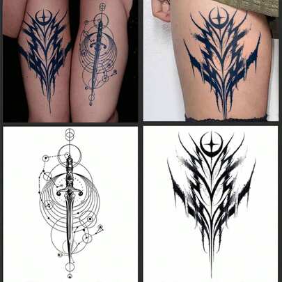 2 miếng hình xăm tạm thời từ nước ép thảo dược, phong cách Gothic với họa tiết hình học kiếm, sao, mặt trăng, thích hợp dùng hàng ngày, dự tiệc, làm quà tặng ngày lễ, chống thấm nước, không phản chiếu trong 7-14 ngày, thích hợp dán ở chân, vai, cổ, xương quai xanh, cơ thể.