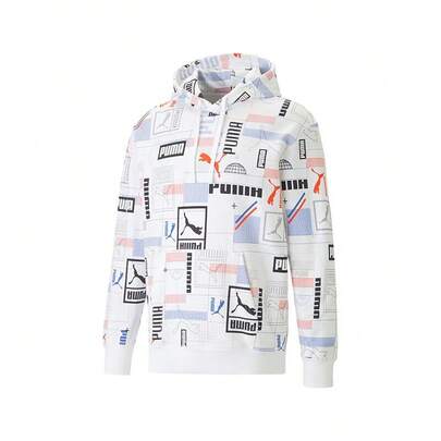 Puma Men's Hoodie With All-Over Logo Graffiti Print, Sporty Casual Comfortable Long-Sleeve Hooded Pullover, 620425-02