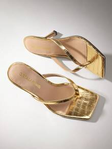 Women Fashion Kitten Heel Thong Mule Sandals, Versatile Stilettos Thong Sandals Fashion Open Toe Wide Strap Slide Summer Sandals For Formal, Party, Work & Daily Wear - 金色 - 查看 5