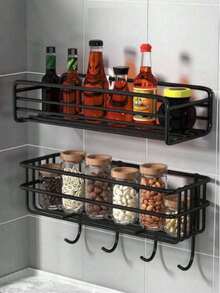 1pc No Drill Bathroom Wall Mounted Storage Rack, Shower Supplies Organizer, Multi-Function Bathroom & Kitchen Utensils Holder - Black - View 4