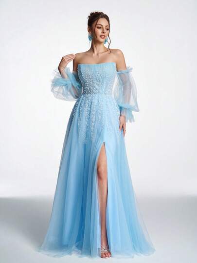 Anymoon Elegant Blue Handmade Beaded Lace Sequin Mesh Strapless Backless Tie Strap High-Low Formal Dress. Suitable For Weddings, Galas, Engagement Ceremonies, Coming-Of-Age Parties, Graduation Ceremonies, Homecoming Parties, And Other Formal Occasions. Detachable Puff Sleeves. Party Spring