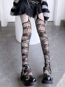 1 Pair Of Spider Web Suspenders, High Tube Hollow Mesh Socks, Long Tube Knee High Suspender Socks, Hollow Socks, Suitable For Daily Parties - Đen - Xem 6