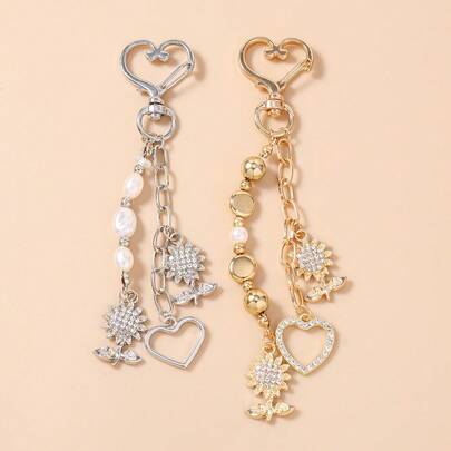 1件女士优雅简约珍珠串珠心形花朵钥匙扣，闪亮水钻向日葵钥匙圈吊坠