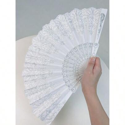 1pc White Folding Fan For Women, Decorated With Silver Floral Print, Ideal For Dancing And Fashion Elegant Valentine's Day