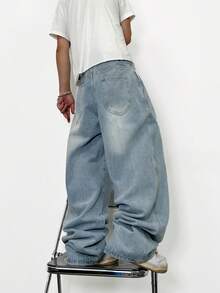 1pc Justice Brother Casual Loose Fit Wide Leg Jeans, Versatile Streetwear Design For Commuting, All Seasons - Blue - View 2