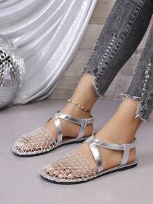 女士银色网眼套脚凉鞋，新款露趾时尚软底平底拖鞋，休闲夏季鞋 - 銀色 - 查看 2