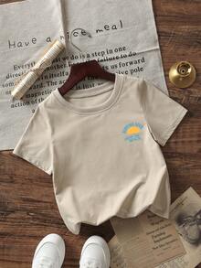 1件婴儿/幼儿男童创意卡通图案字母标语印花基本款圆领短袖T恤，休闲时尚男童服装 - 杏色 - 查看 3