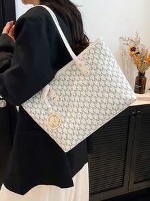 全印花手提袋，复古字母印花手提袋，大容量，通勤旅行的理想腋下包，送给妈妈的绝佳母亲节礼物 - 白色 - 查看 7