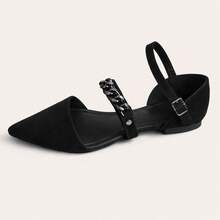 Women's Flat Shoe With Chain Detail, Pointed Toe, Modern, Comfortable Mule - Black - View 4
