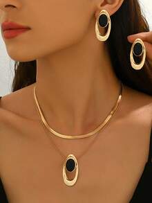 3pcs Elegant Creative Necklace + Earrings Jewelry Set, Fashionable Personalized Metal Geometric Asymmetrical Oval Pendant Necklace With Acrylic Bicolor Design, Versatile For Daily, Festival, Party - Double G - View 5