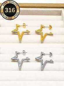 2 Pairs Of High-Quality Hollow Star Earrings, 316 Stainless Steel Non-Fading And Hypoallergenic, 18K Gold Plated Anti-Fading, Minimalist And Comfortable Multi-Purpose, Personalized Design, Fashion Accessory For Women, Suitable For Daily Wear Or Parties, Elegant Gift Choice - Hollow Star Earrings - View 6