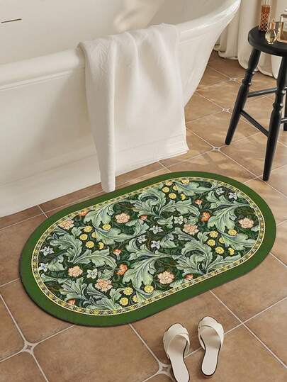 1pc Vintage Floral Pattern Silica Gel Bath Mat, Indoor Doormat, Bathroom Mat, Kitchen Mat, Absorbent Quick-Dry, Room Decor, Anti-Slip Durable, Trimmable, Easy Clean, Washable Carpet, Home Decor, Floor Decoration, Floor Protection