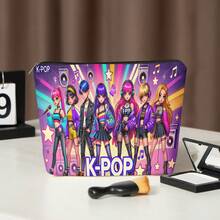 1个K-Pop组合主题化妆旅行收纳包，双面亚麻化妆包 - 印有K-Pop标志，韩国流行文化设计，可折叠男女通用手拿包，可用作文化包、铅笔盒、K-Pop粉丝礼品袋（可机洗） - A - 查看 3