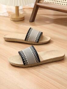 Nouvelles sandales d'été en lin naturel imprimées de lettres pour femmes, mules respirantes polyvalentes en kaki avec croisillons - Noir et Blanc - Voir 6