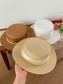 1pc Women's French Elegant Anti-UV Straw Hat With Pearl, Graceful Pearl Hat, Unisex Straw Hat, Suitable For Beach Vacation Bohemian - Pearl Multicolor - View 9