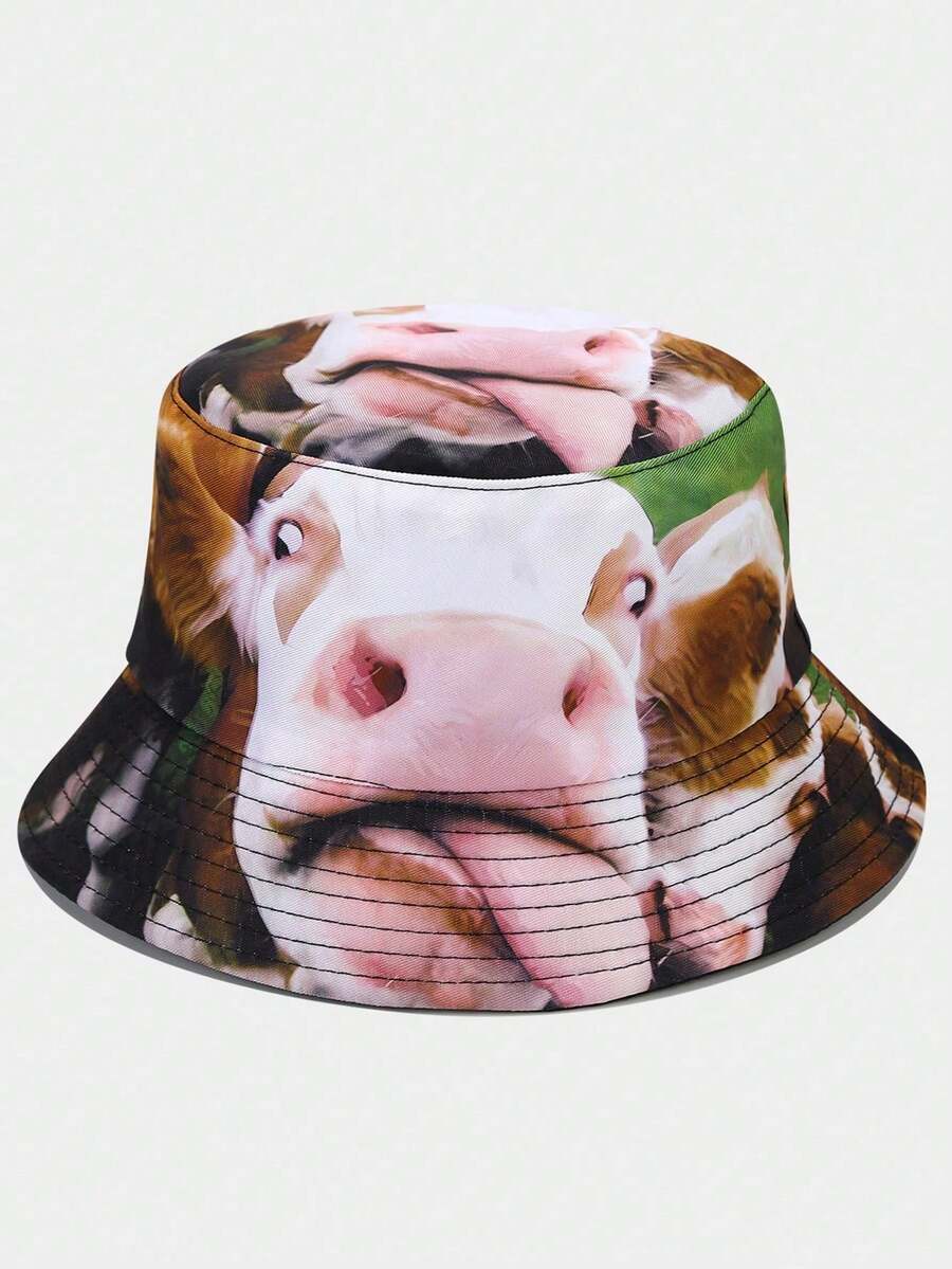 1pc Reversible Funny Animal Print Bucket Hat, Unisex Casual Sun Protection Novelty Cap - Cow - View 1