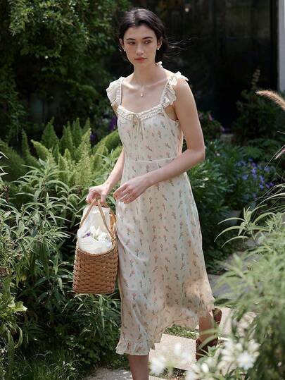 Simple Retro Kleid mit Blume Muster, Rüschenkante und quadratischem Ausschnitt