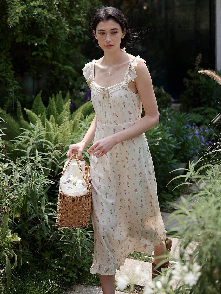 Simple Retro Floral Print Ruffle Trim Square Neck Camisole Dress - Apricot - View 1