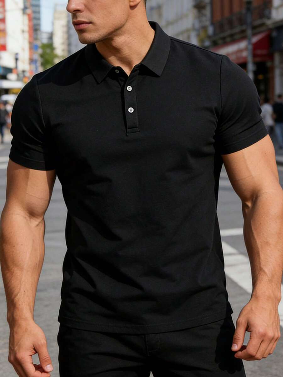 男士时尚休闲Polo衫，运动户外骑行徒步约会短袖，送男友礼物，夏季黑色 - 黑色 - 查看 1