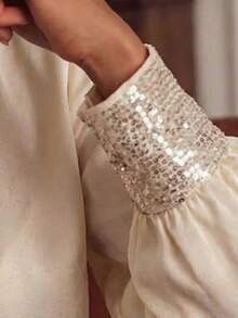 EARO Women's Casual Versatile High-End Satin Cuff Beaded Splice Round Neck Backless INS Pullover Blouse - Apricot - View 5