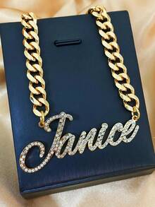 Personalized Old English Necklace: 18K Big Nameplate, 8mm Cuban Chain, Custom Women Men Jewelry - Diamond-encrusted Version - View 2