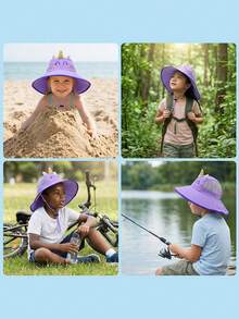 3-8岁儿童夏季防晒帽轻薄速干卡通大帽檐女童沙滩防紫外线颈部遮阳帽 - 1PC - 查看 4