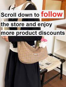 1 pieza Bolso bandolera cruzado con diseño de cuarto creciente y estampado a cuadros para mujer, con dije de dibujos animados, adecuado para ir al trabajo, compras y como regalo - Multicolor - Ver 3