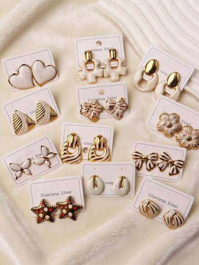 8pcs Stainless Steel Enamel Flower/Bow/Heart/Asymmetrical Mixed Elegant Jewelry Set, Suitable For Party, Wedding, Daily Wear, All-Year-Round Gift For Girlfriend