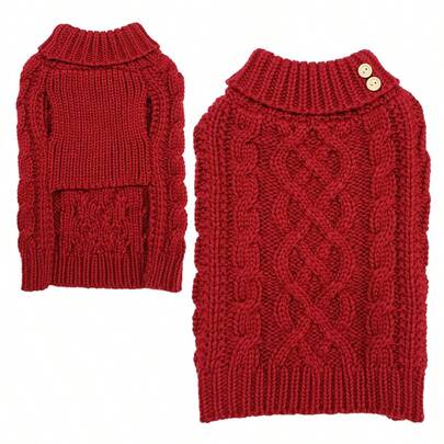 1 Stück dehnbarer, bequemer Kabel-Strick Einfarbiger Haustier-Pullover mit Holzknöpfen und hohem Kragen, geeignet für Katzen & Hunde im Herbst/Winter, Weihnachten